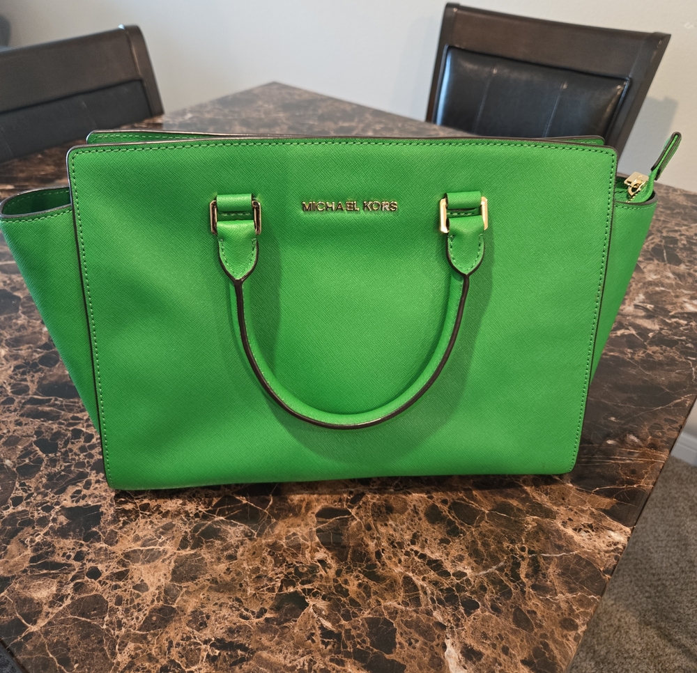 Michael Kors Bright Green Saffiano Leather Satchel with Gold Hardware